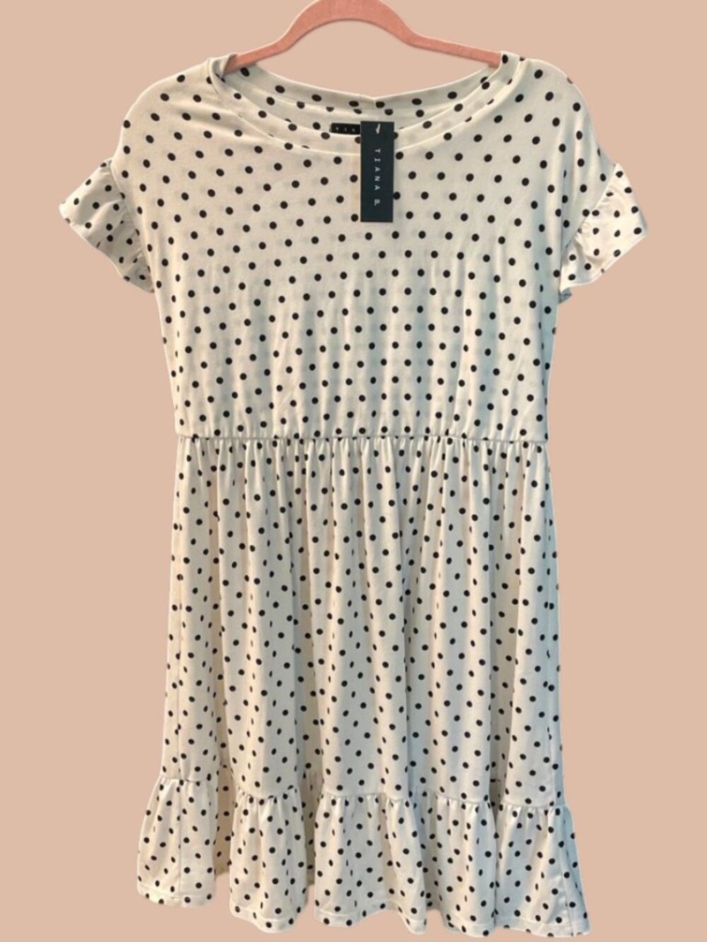 NWT Tiana B. White Black Polka Dot Ruffle Short Sleeve Babydoll Dress Size M